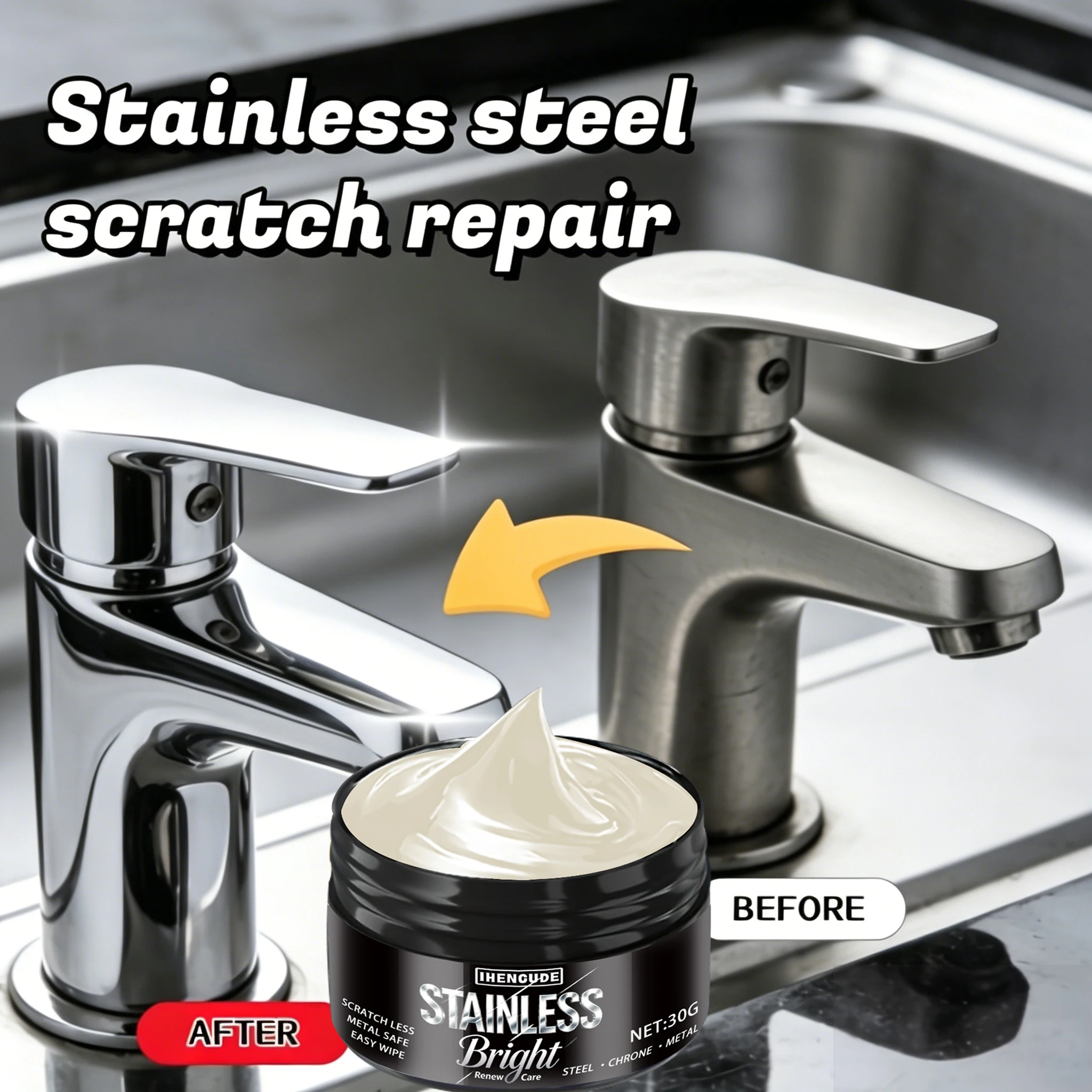 Stainless Steel Surface Scratch Repair Paste, Removes Scratches from Faucets, Showers, and Stoves with Just One Wipe, Fine Paste That Doesn'T Scratch the Surface, Polishes and Rejuvenates in One Step, Extends the Lifespan of Stainless Steel Products, Industrial-Grade Polishing Material