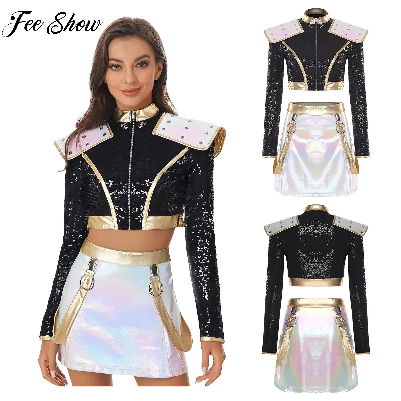 

Long Sleeve Fashion Clothes for Womens Halloween Cosplay Party Costume Rivet Shoulder Boards Sequined Short Jacket+Mini Skirts