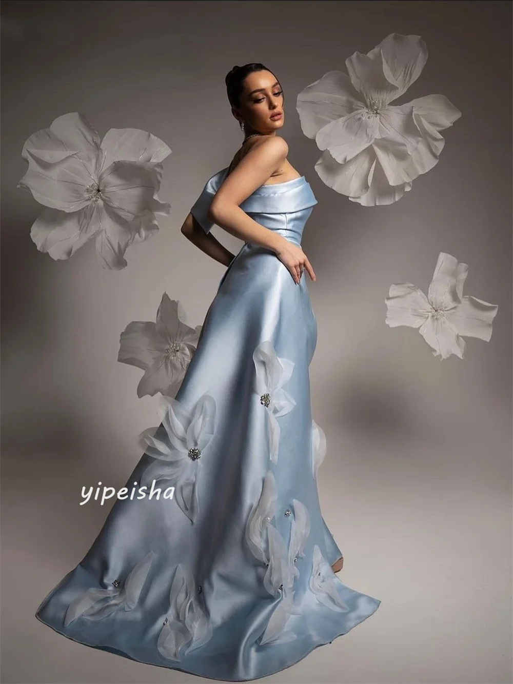 Satin Flower Beading Ruched Cocktail Party A-line One-shoulder Bespoke Occasion Gown Long Dresses