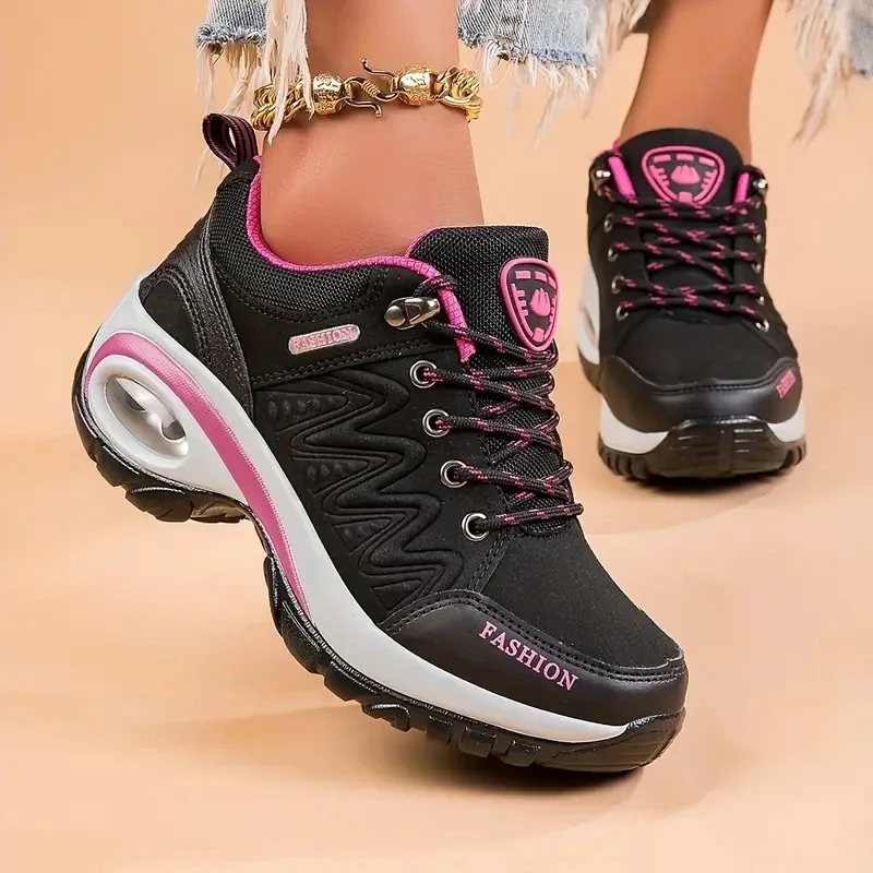 Damen Freizeit schuhe mit rutsch festen und atmungsaktiven, höhen erhöhenden Wanderschuhen Pink Mesh Design Stoß dämpfung Laufschuhe