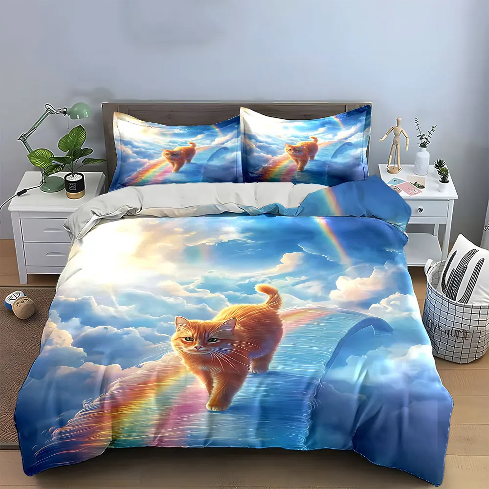 Bettwäsche-Set „Cat Rainbow Bridge Set Decoration“ mit 1 Bettbezug, 2 Kissenbezügen, Einzelbett, Doppelbett, King-Size-Bett, Queen-Size-Bett, Geschenk