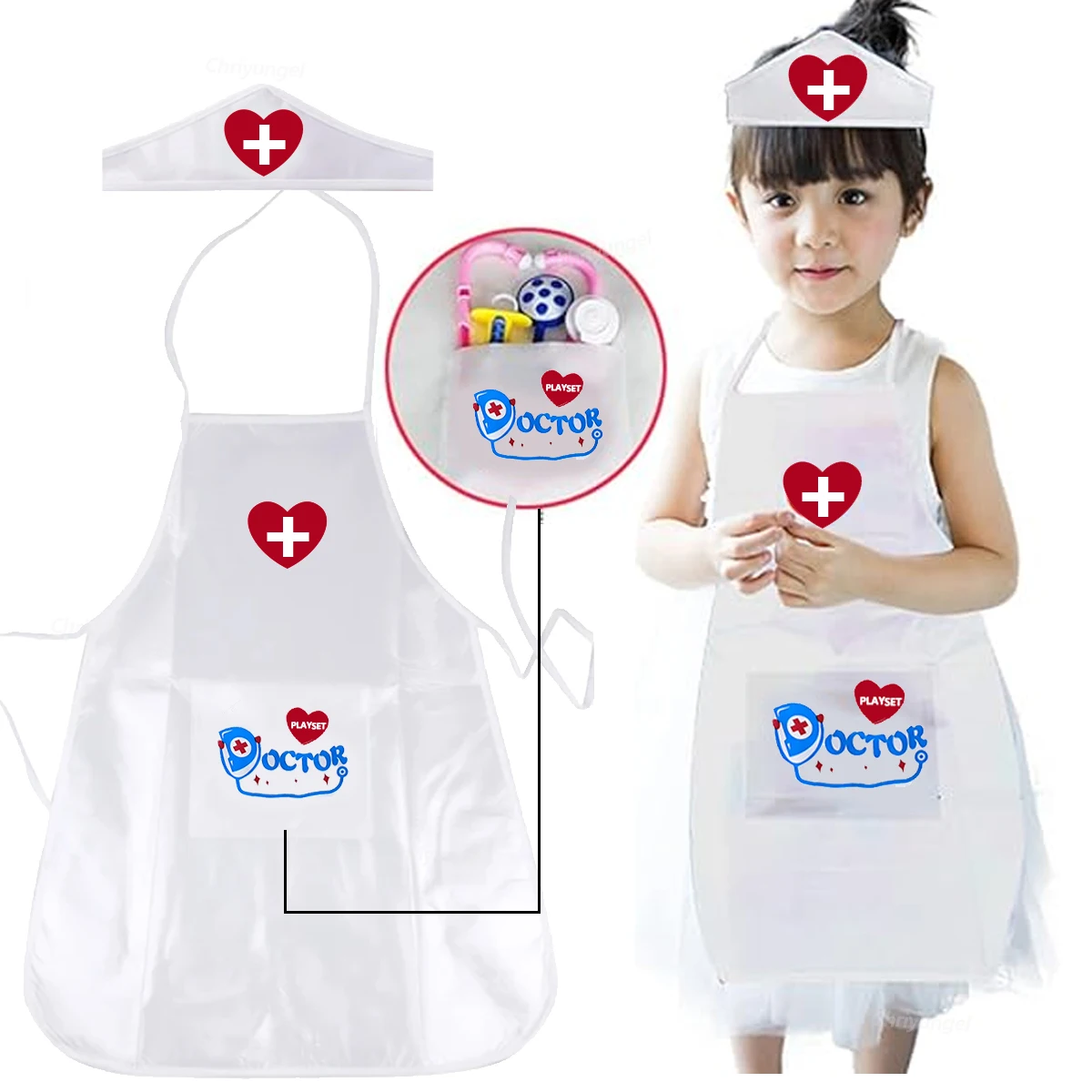 Kids Nurse Costume Apron and Hat Set for Girls Doctor Role Play Pretend Play Toy Educational Family Kindergarten Dress Up Outfit