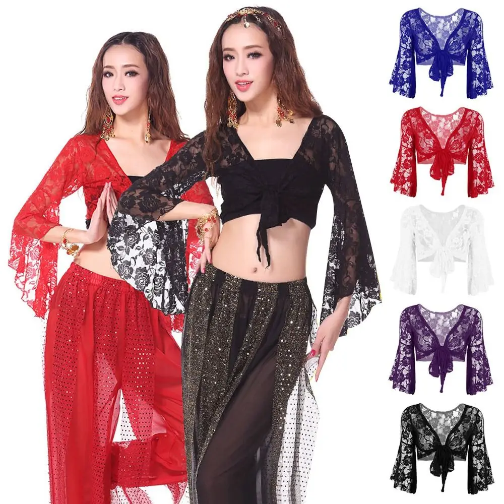 Women\'s Belly Dance Top  Short Cardigan Lace Long Sleeve Shrug Lace-up Shirt Gymnastics Cover Up Cardigan Wraps