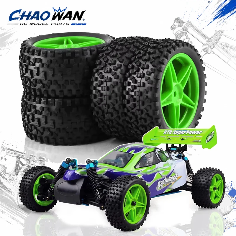 4Pcs Front Rear RC Off-Road Tires Set Green 5-Spoke Plastic Wheel Rims Rubber Tyre for 1/10 RC Buggy HSP 94107 94166 94106 94155