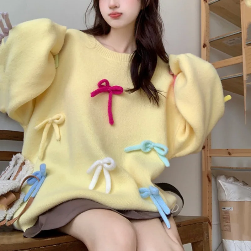 المرأة الكورية أزياء فضفاضة القوس الوردي سترة طويلة كسول نمط حجم واحد لطيف بلوفر مغزول أعلى الخريف الشتاء