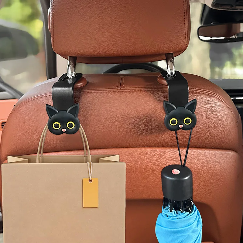 2pcs Adorable 3D Cartoon Cat Car Seat Headrest Hooks Headrest Organizer Rack Grocery Bag Handbag DecorationInterior Accessories