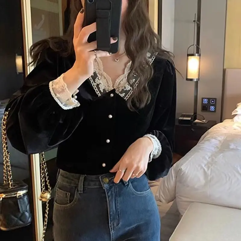 2024 Fashion Women Peter Pan Collar Blouse  Casual Cotton Long Sleeve Shirt \'s Slim Jacket Top Open Stitch T852