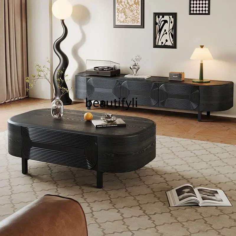 K185 Mid-Century Style Rectangular Villa Living Room Retro Nostalgic Coffee Table TV Cabinet Set Solid Wood Furniture