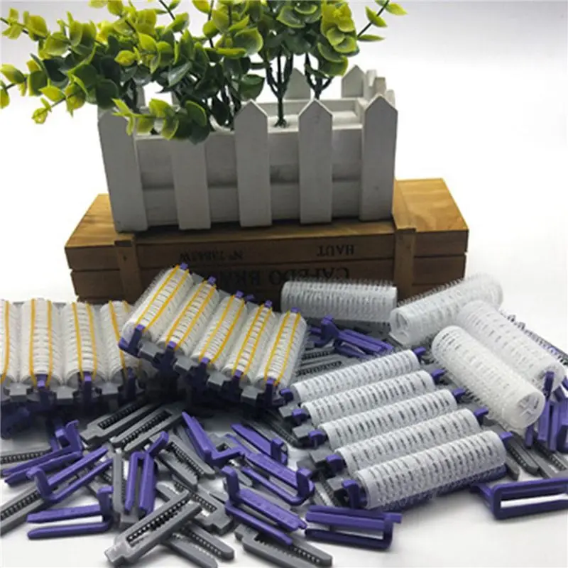 A66T-Small Size 96Pcs Salon Nylon Hook & Loop Hair Rollers Set Hair Root Perm Rods Bars Curlers With Clips & Rubber Bands