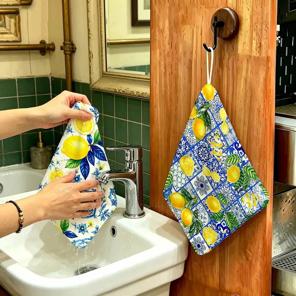 Morocco Lemon Fruit Pattern Art Hanging Kitchen Towel, Polyester Cotton Material, Wear Resistant Hand Wiping Towel for Home