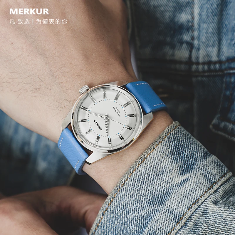 38mm MERKUR Rubis Retro Big Second Mens Dress Mechanical Hand Wind Watch Men 50m Waterproof Leather Watches