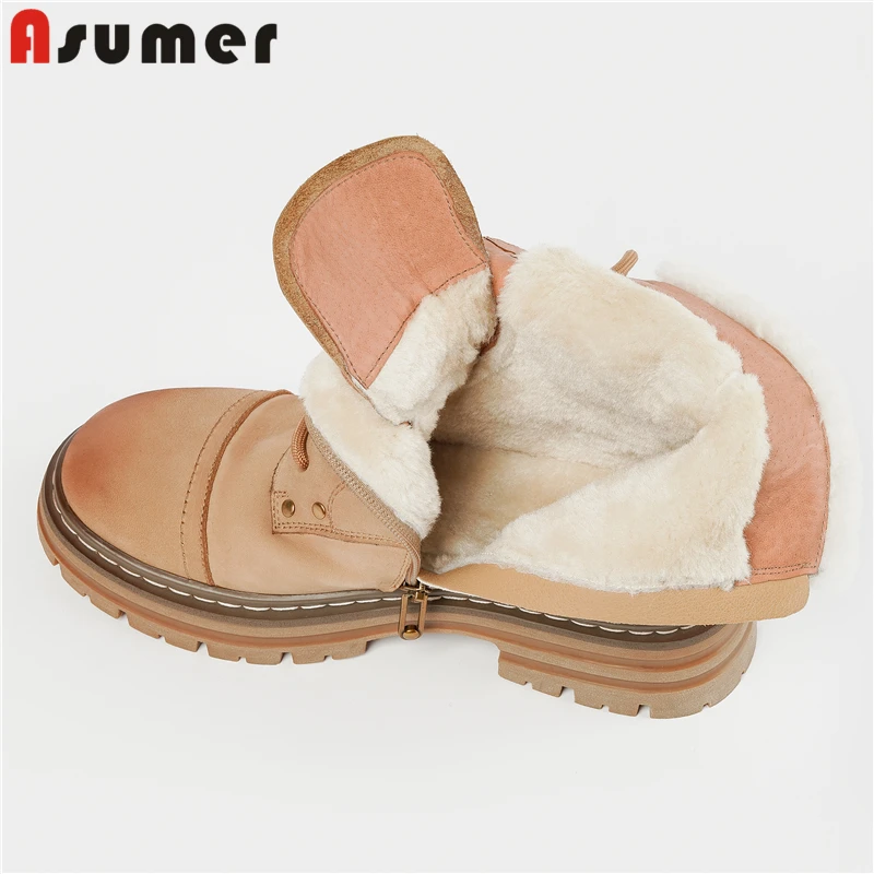 ASUMER 2024 Fashion Genuine Leather Snow Boots Women Shoes Lace Up Thick Fur Wool Blend Warm Winter Boots Fashion Ankle Boots