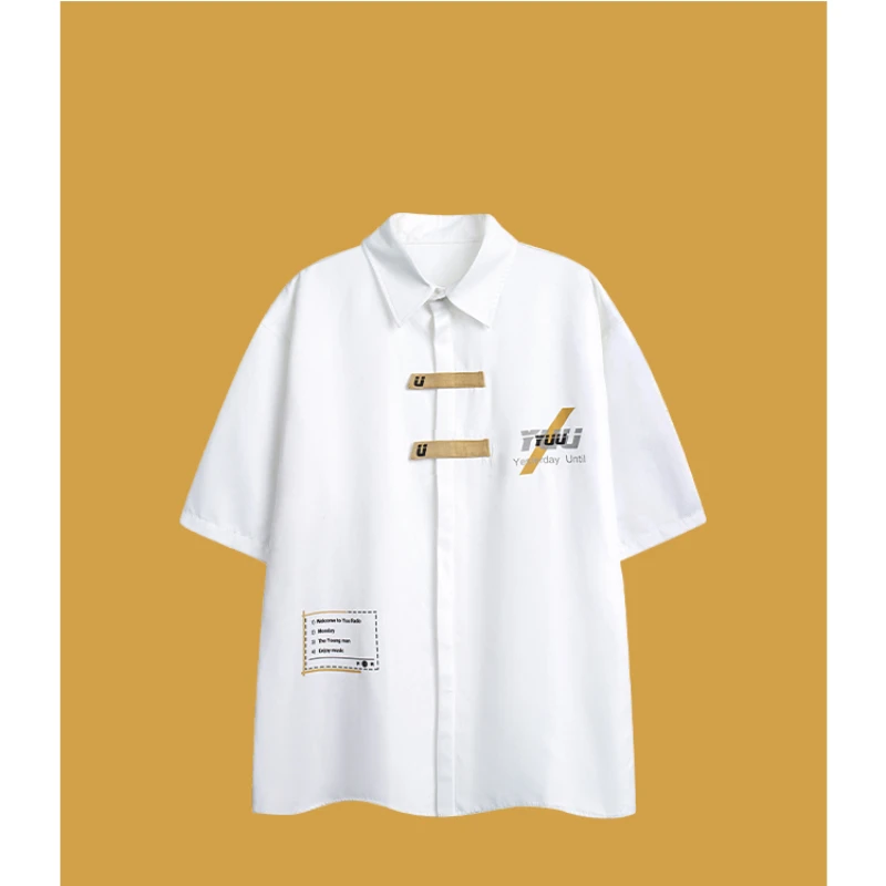 Short-Sleeved Shirt Men's Lapel Decorative Buckle Pure Cotton White Summer Trendy Color Matching Single Casual Youth Popularity