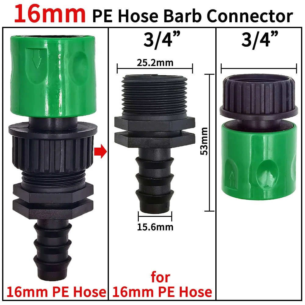 WUJIE 3/4\'\' Quick Connector Nipple EURO Barb Threaded Adapter for 16mm 20mm PE Hose Pipe Garden Drip Irrigation Watering System