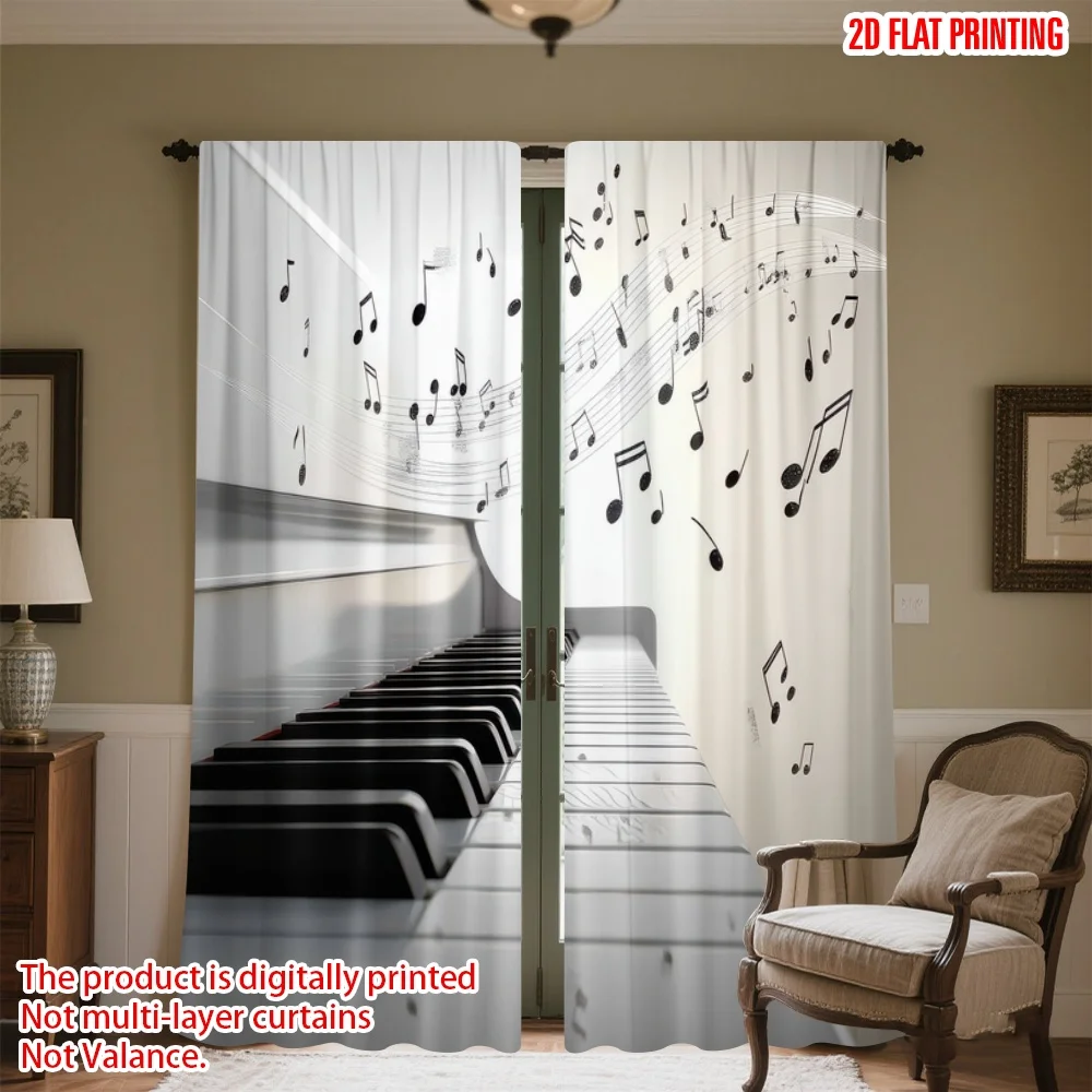 

2D flat printing 2pcs Party Window Curtains Piano and Music Notes Digital Printed Polyester Drapes Holiday Decorations Use for
