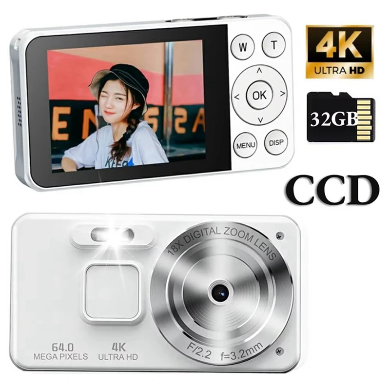 Digital Camera Autofocus 4K 20MP CCD Camera with 32GB Card 18X Zoom Anti-Shake Compact Video Camera for Student Kids-A69M