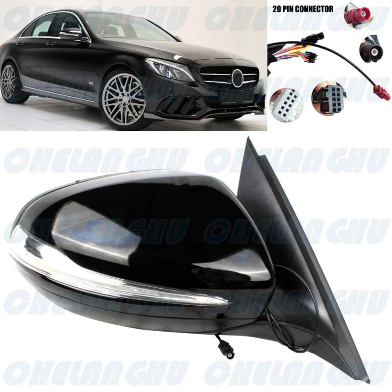 For Benz W205 C180 C200 C300 C250 2014 2015 2016 2017 2018 Right Side 20 Pin Black Painted Puddle Lamp Auto Fold Mirror Assembly