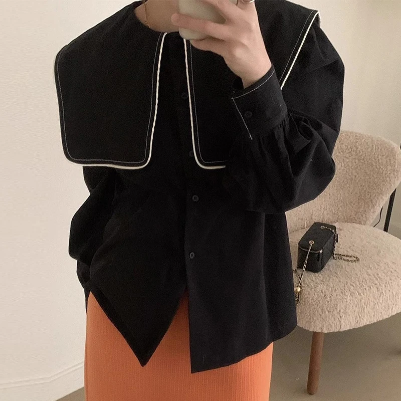 

SuperAen 2024 Korean Spring New Fashion Lapel Collar Contrast Edge Design Loose Long Sleeved Solid Color Shirt