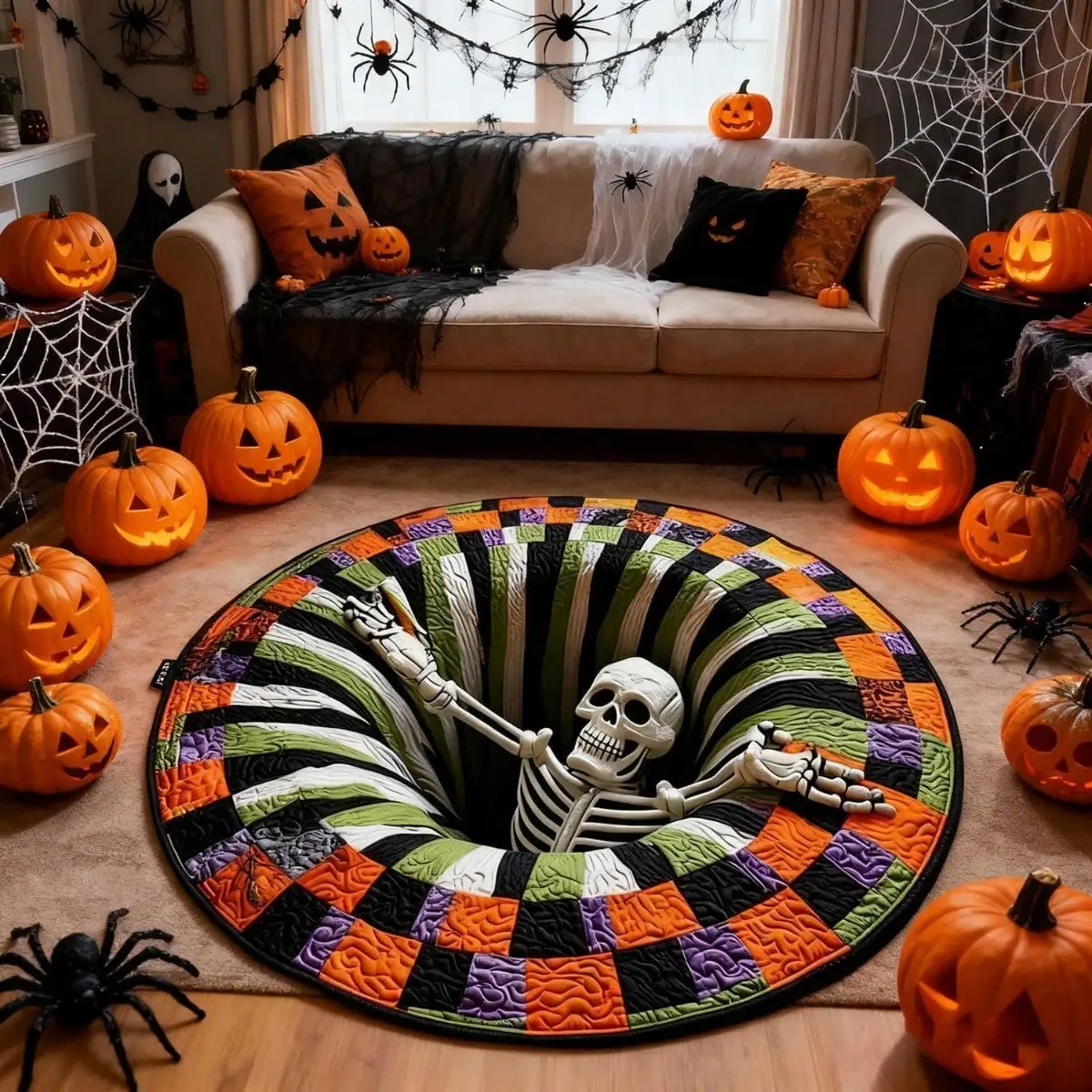 1pcs Halloween Skeleton Abyss 3D Optical Illusion Round Rug, Quilted Color Block Non Slip Washable Circular Mat, Halloween Indoor Outdoor Home Decor Carpet