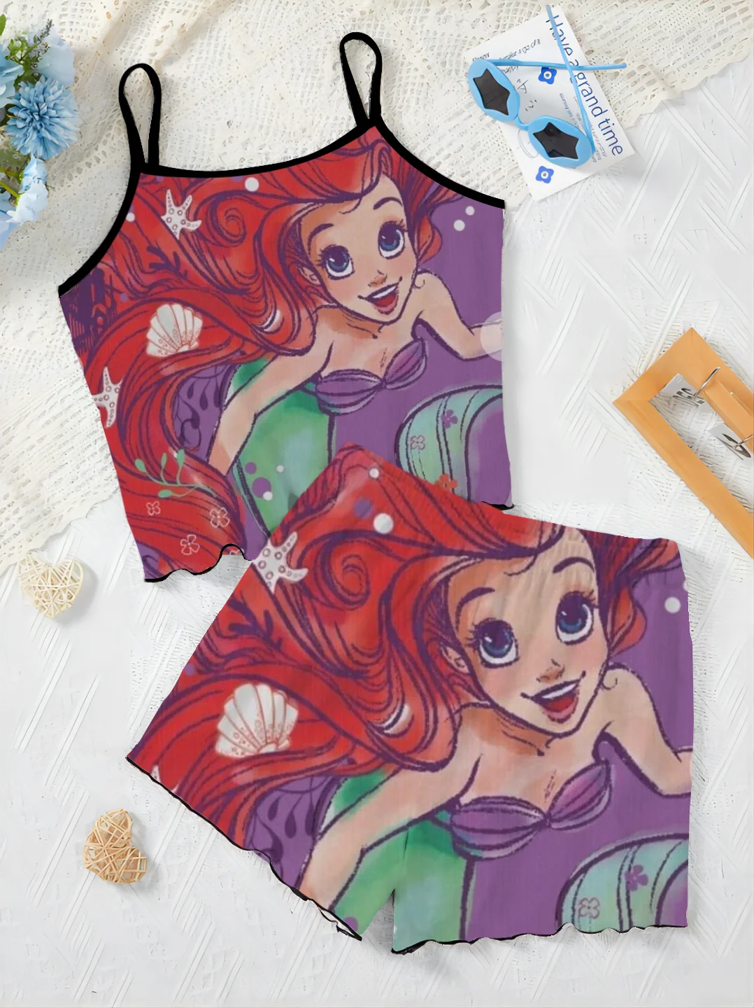 T-shirt Sałata Trim Krótkie zestawy dla kobiet 2-częściowy top Disney Mermaid Slip Dress Piżama Spódnica Nowy dwuczęściowy zestaw Elegancki damski