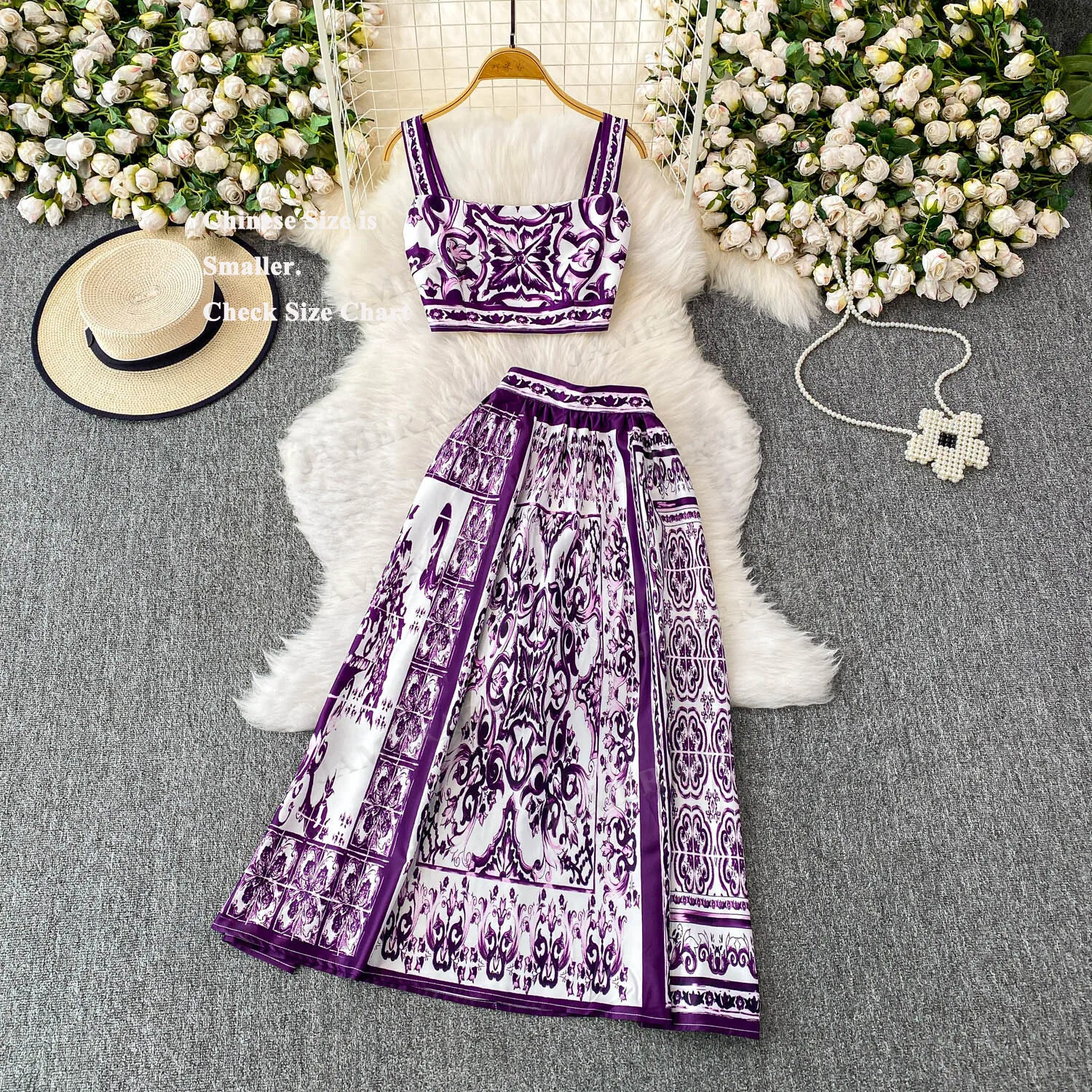 

Holiday Summer Beach Purple Floral Long Dress Women Two Piece Set Sexy Cropped Tops Camisole Pocelain Print Maxi Skirt Outfits