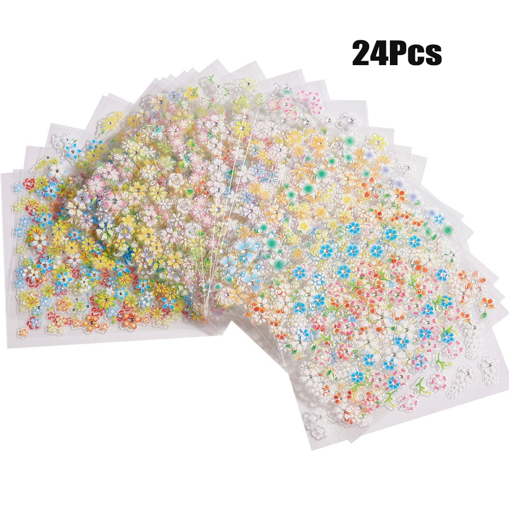 

24 шт./компл. красочные цветы 3D наклейки для дизайна ногтей с мини-алмазной цветочной наклейкой DIY самоклеящиеся кавайные цветы маникюр украшение