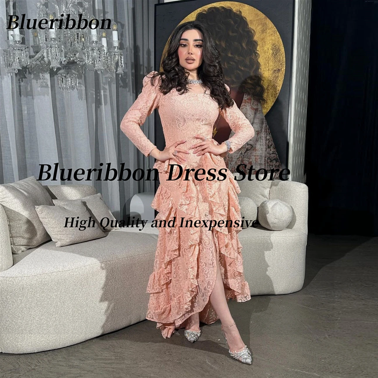 

Blueribbon Saudi Party Dubai Women Wear Lace Prom Dresses 2024 Long Sleeves Evening Gowns Ruffles Side Slit Holiday Party Dress