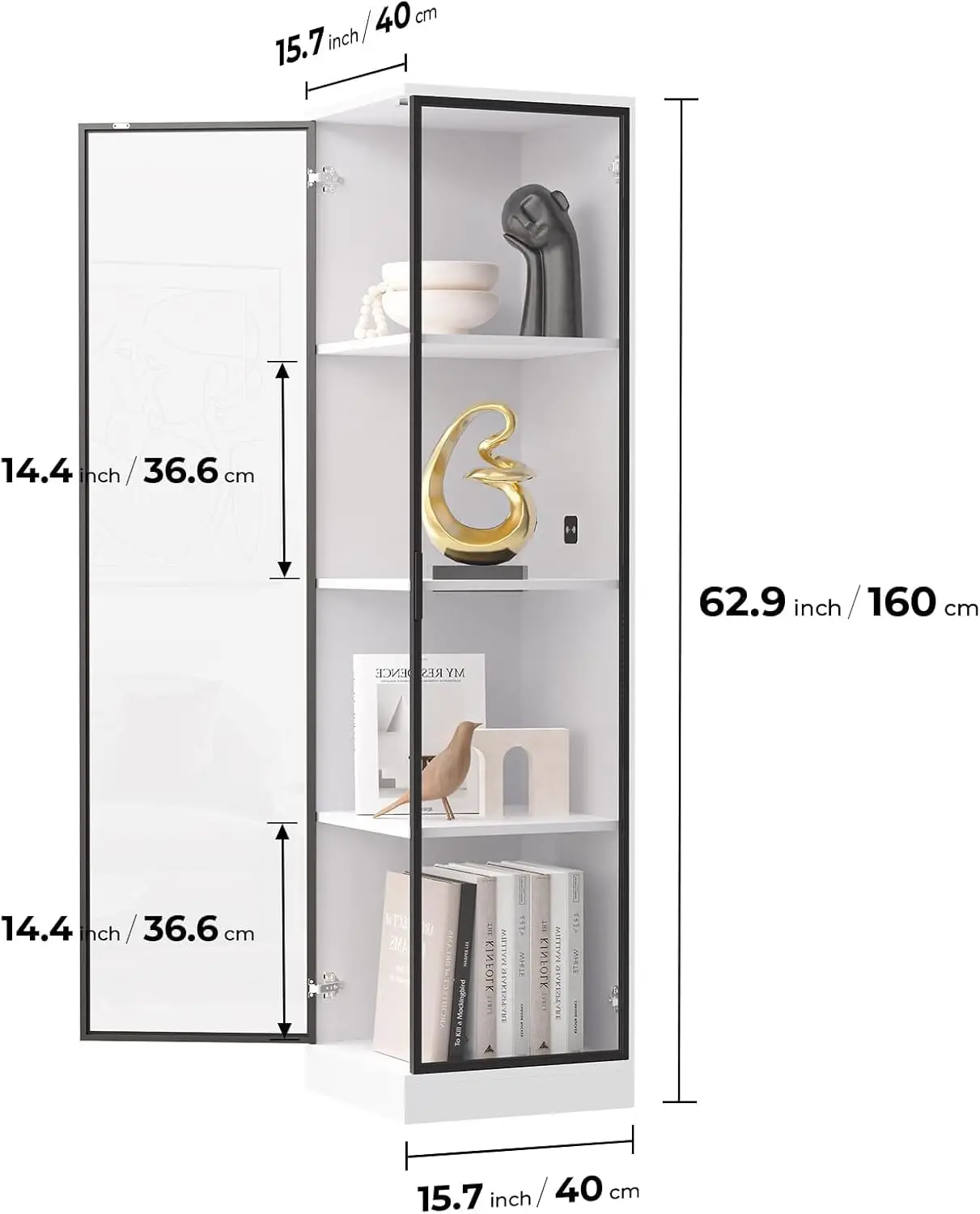 Vetrina a 4 livelli con luci a LED, custodia Curio bianca con sensore di movimento, larghezza 15,7'