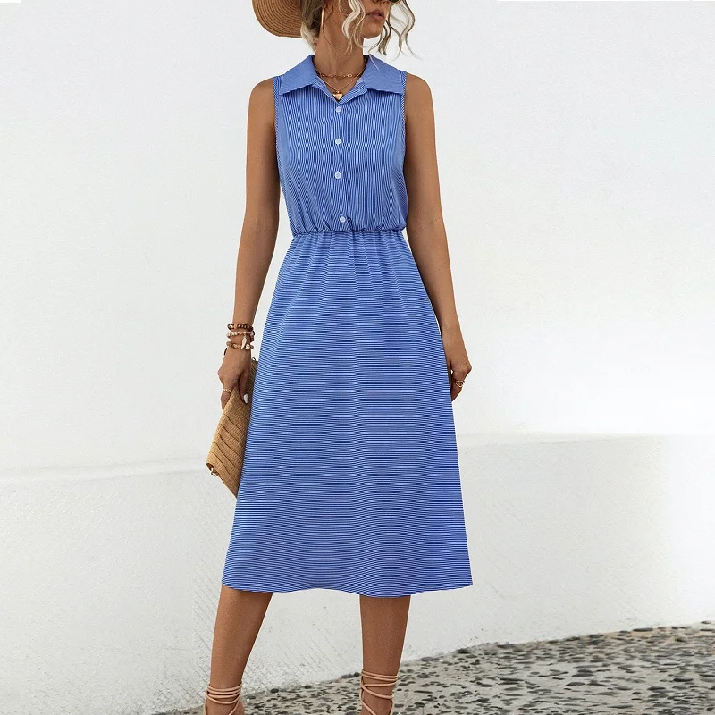 

Skinny striped knit shirt Dresses for Summer Women's Dress 2023 New lapel single breasted Sleeveless Midi A-line dress Woman