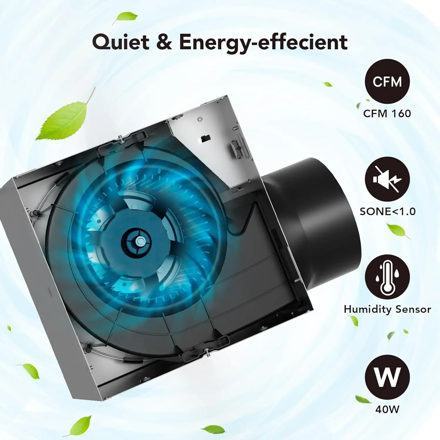 Bathroom Exhaust Fan with Light, 40W Bathroom Fan with Humidity Sensor, 160 CFM 1.0 Sones Bathroom Vent Fan with Lig