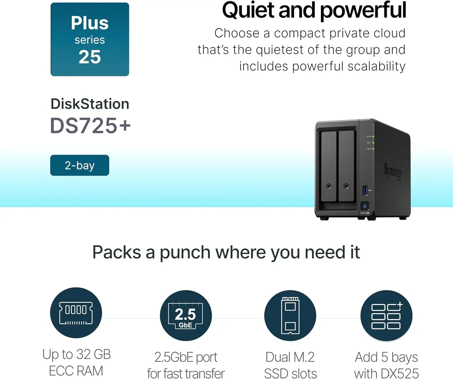 Synology DS725+ Expandable NAS Storage - Private Cloud for Home and Small Business (2-Bay Diskless NAS)