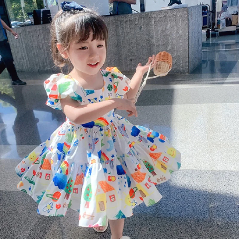 

Summer Baby Girls Cotton Print Strapped Back Puff Sleeve Ruffled Princess Dresses School Kids Sweet Skirt Children Outfit 1-10Yr