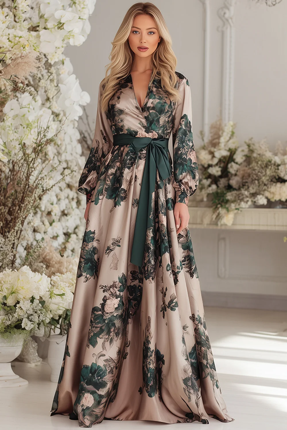 

Flycurvy Plus Size Wedding Guest Beige Satin Floral Print Wrap Lantern Sleeve Maxi Dress