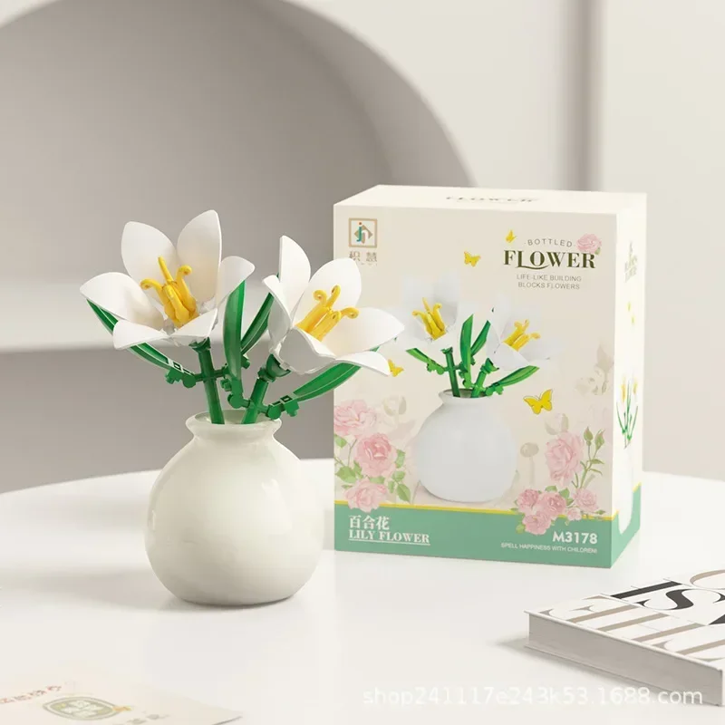 باقة نباتات جديدة لعام 2026 من الزهور والورود ومكعبات بناء الزنبق والألعاب مع أواني الزهور هدية زينة لطيفة