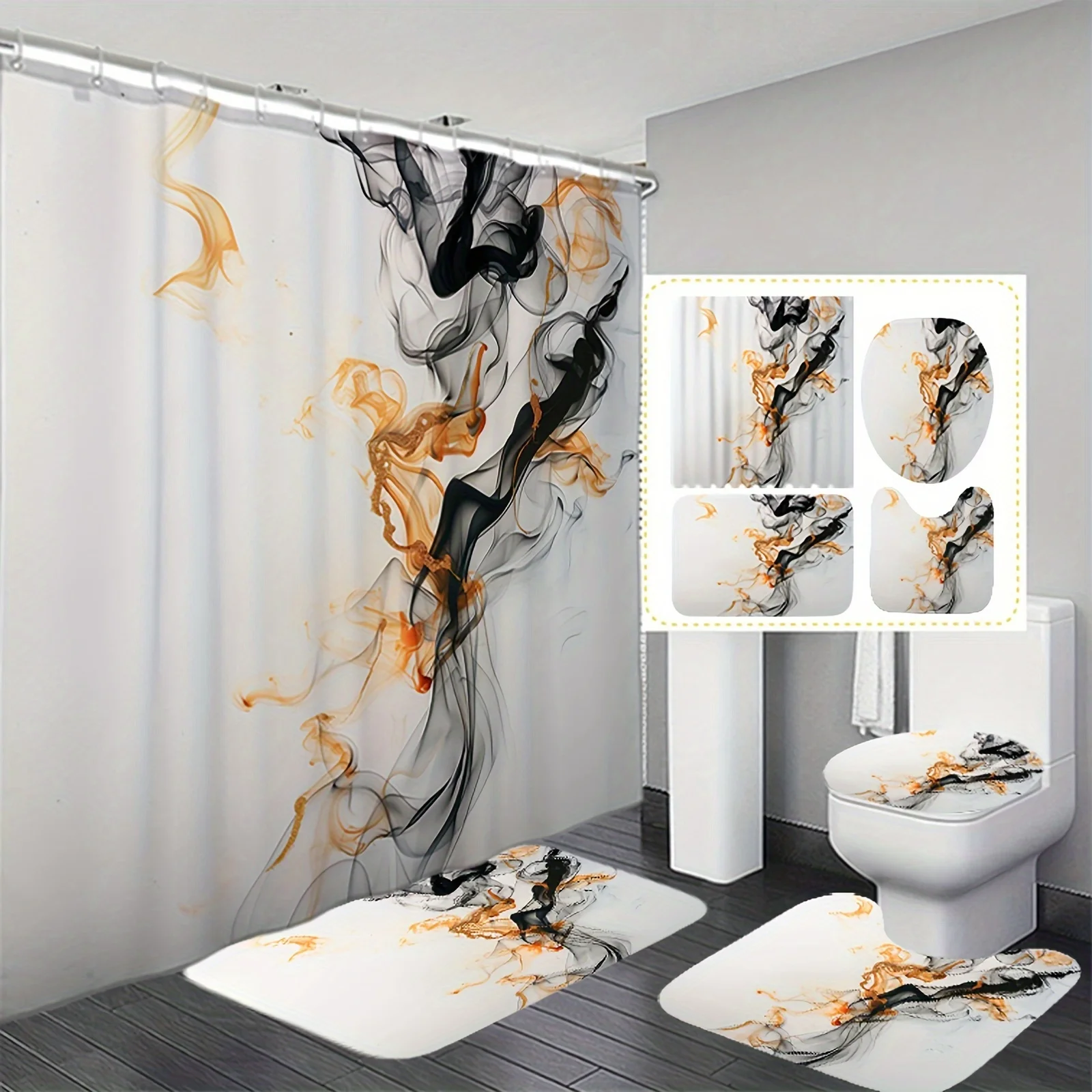 

4шт абстрактного чернильного узора, полиэфирная ткань, занавеска для душа, противоскользящий коврик для ванной комнаты, сиденье для унитаза и U-образный коврик
