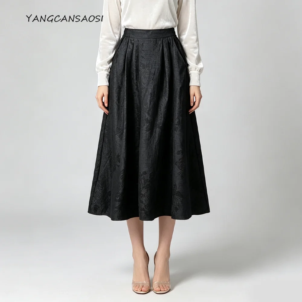 2026 Fashion Women's Clothing 100% Natural Mulberry Silk Turtle Crack Gambiered Guangdong Gauze Black Elastic Waist Skirt