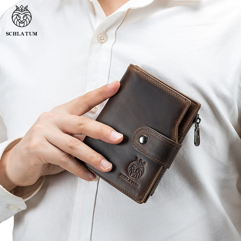 SCHLATUM-cartera de cuero genuino para hombre, billetera de Negocios RFID, tarjetero para identificación, monedero de viaje, antirrobo