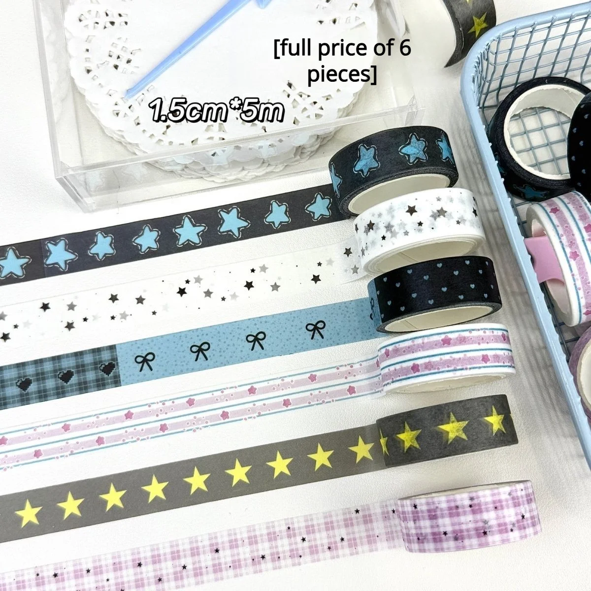 6pcs Simple Star Paper Tape Handheld Account Photos Decorative Stickers Grid Pattern Dot Stickers Adhesive Strip Adhesive