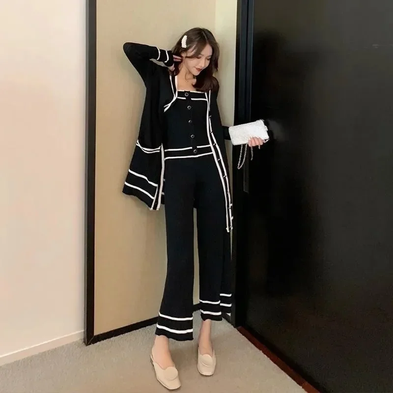 Fashion Contrast Stripe Lapel Cardigan Pocket Top+high-waisted Ankle-length Pants Knitting 2-piece Suit Female Sports Sets N704