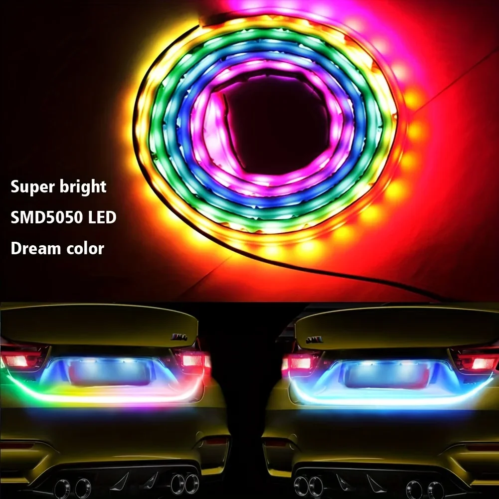 1pc 120cm Colorful Dynamic Reverse Warning LED Strip 12v Additional Brake Follow Turn Signal Lamp Car Rear Trunk Tail Light