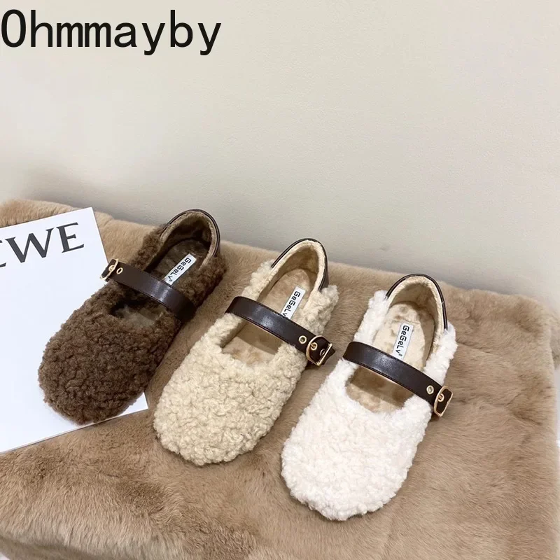 2024 Spring Lambhair Women Ballet Laofer Flat Shoes Fashion Shallow Slip On Ladies Fur Mary Jane Shoes Soft Outdoor Granny Shoes