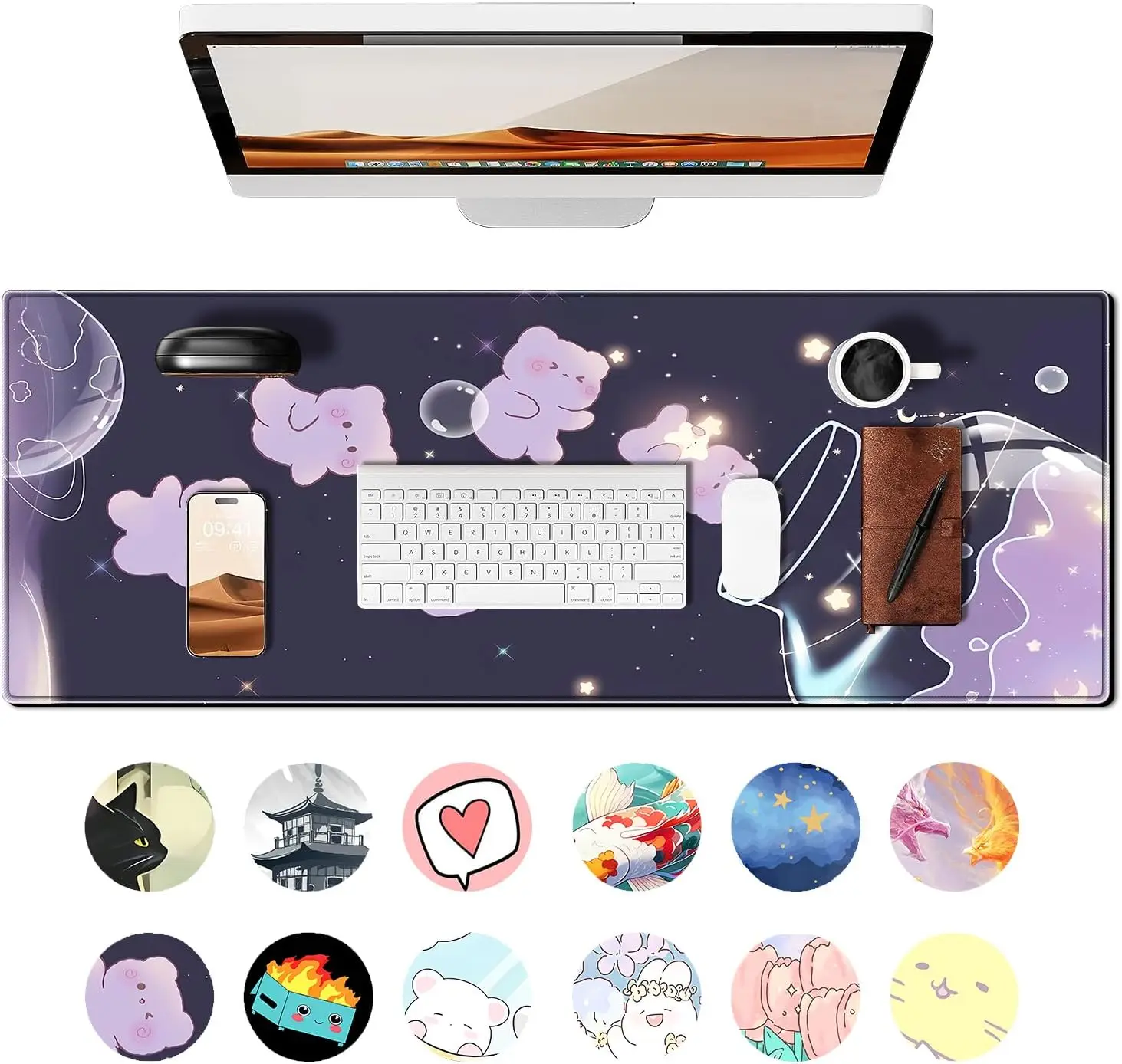 Cute Cartoon Gaming Mouse Pad 31.5x11.8 Inch Extended Non-Slip Rubber Base Mouse Mat with Stitched Edges for Home Gift Office