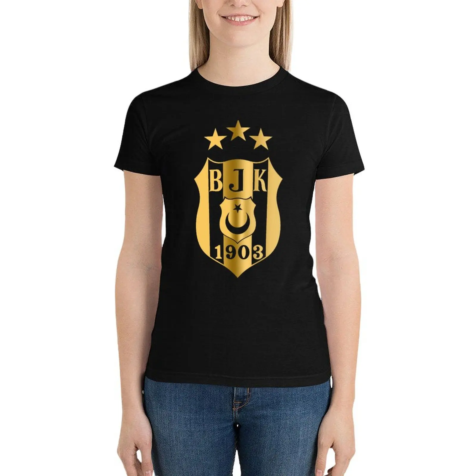 T-shirt das mulheres com logotipo dourado, roupas femininas, top de verão, feito de algodão, plus size