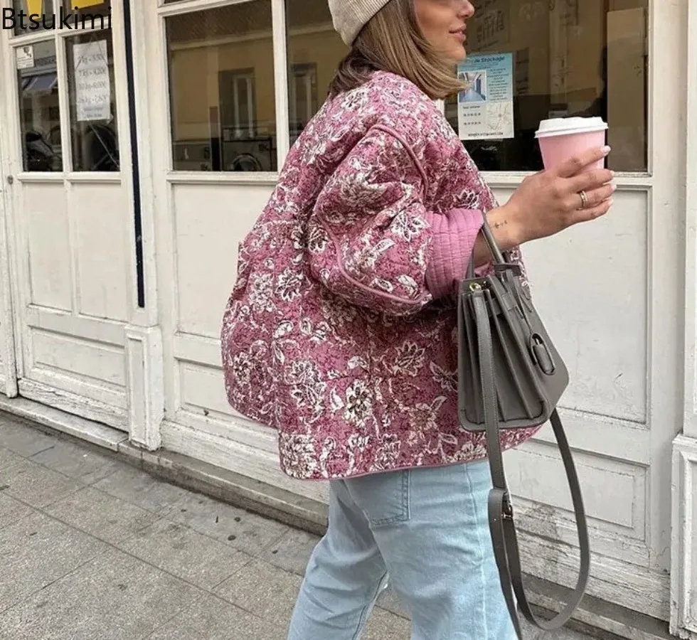 Floral Print Women Quilted Jacket Women Winter 2025 New Thickened Stand-up Collar Warm Coat Fashion Female Streetwear Outerwear