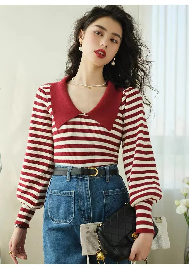 เสื้อสเวตเตอร์ถักคอปกตุ๊กตาสำหรับผู้หญิง แฟชั่นแขนยาวลายทาง เสื้อไหมพรมถักแบบสวมหัวสำหรับผู้หญิง รุ่น Q2268