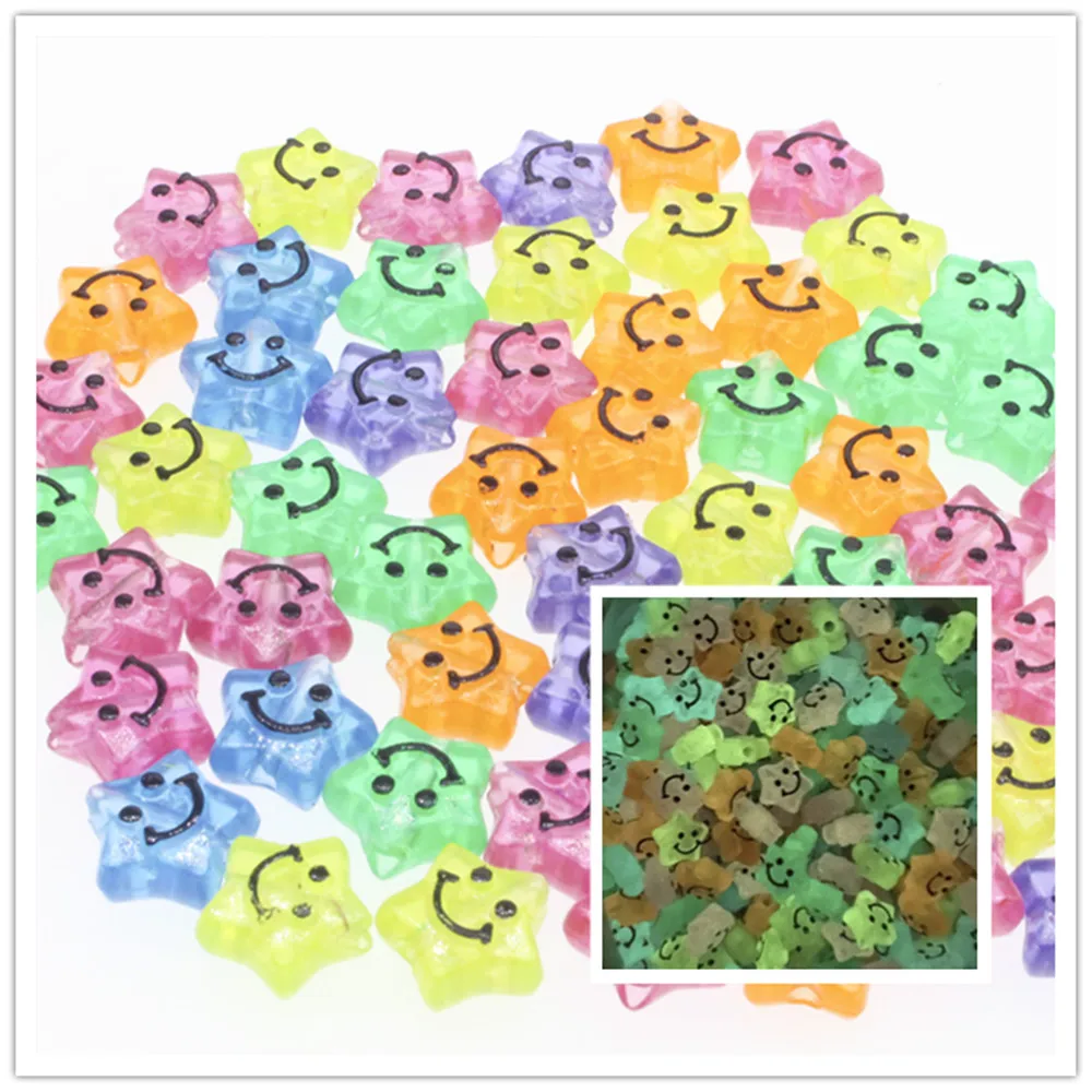 Multicolor Smile Face Luminous Acrylic Beads Mixed Pentagram Spacer Beads For Jewelry Making DIY Bracelet Accessories 12mm