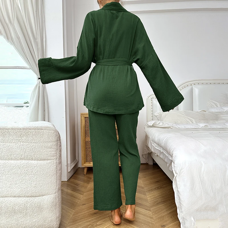 Women\'s Pajamas Home Clothes Long Sleeve Robe Kimono Pajama Pants Cotton Sleepwear Pj Sets Spring Loungewear Pijama Pyjama Femme