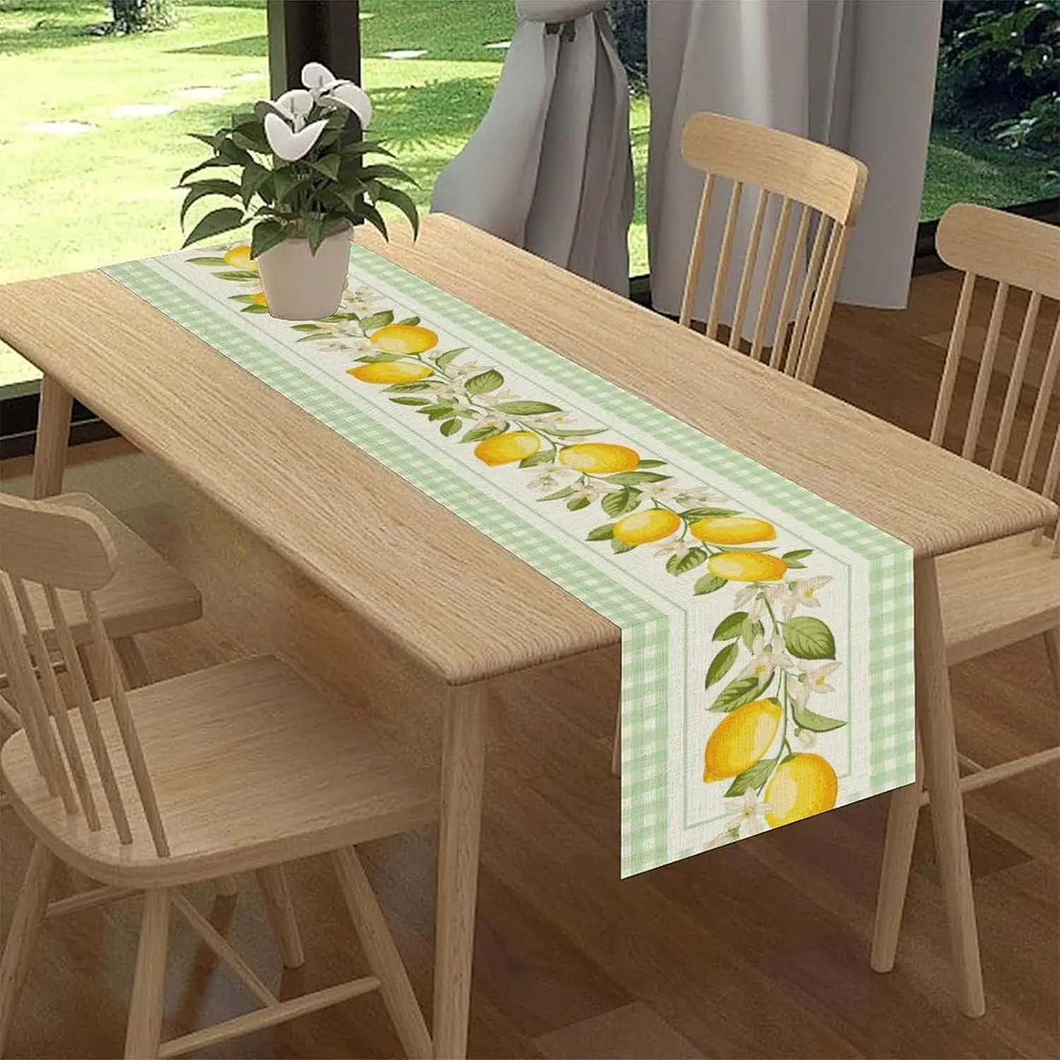 Yellow Lemon Linen Table Runner Holiday Home Party Decor Watercolor Summer Fruit Flowers Plaid Table Runners Kitchen Table Decor