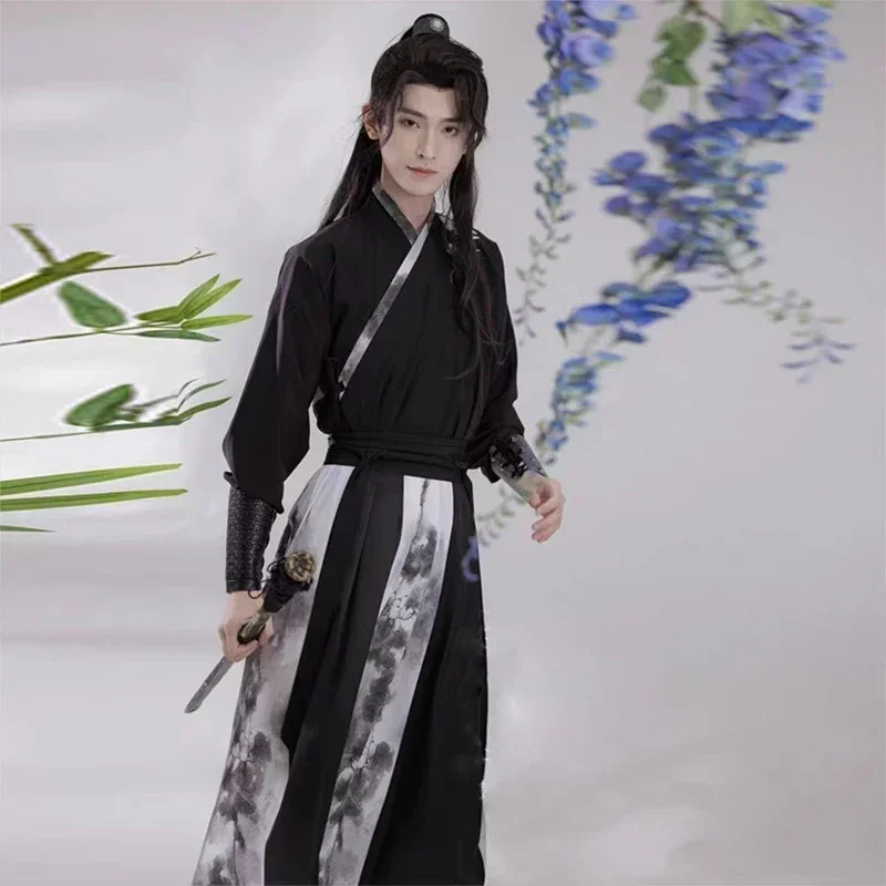 Robes Hanfu noires pour hommes, 3 éléments chinois, Costumes de Style d'arts martiaux anciens, uniforme de classe d'étudiant féminin, robe Kimono