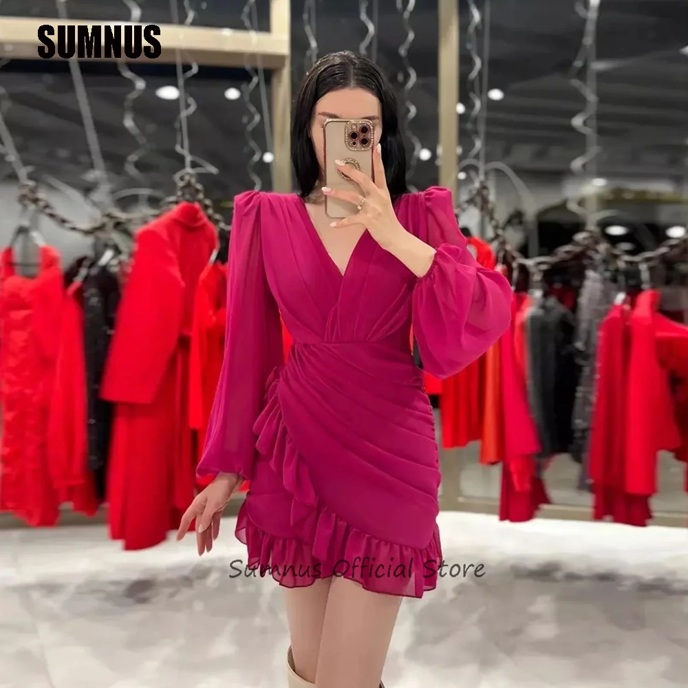 

SUMNUS A-line Short Club Night Gowns Chiffon V-neck Long Sleeves Prom Dresses Mini Cocktail Dress Robe De Soirée